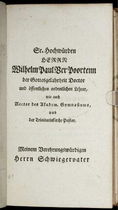 Sr. Hochwürden Herrn Wilhelm Paul Ver Poortenn ....