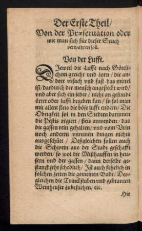 Das Erste Theil/ Von der Praeservation oder wie man sich für dieser Seuch verwahren soll.