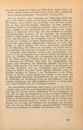 501 [Rezension] Hornef, Josef, Kommt der Diakon der frühen Kirche wieder?
