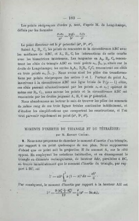 MOMENTS D'INERTIE DU TRIANGLE ET DU TÉTRAÈDRE.