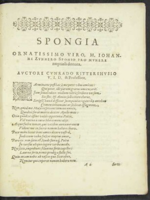 Spongia ... M. Iohanni Zunnero Sponso Pro Munere nuptiali donata.