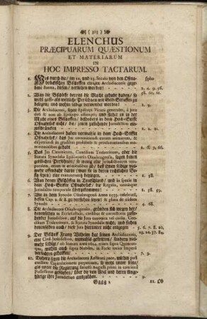 Elenchus Præcipuarum Quæstionum Et Materiarum in Hoc Impresso Tactarum.