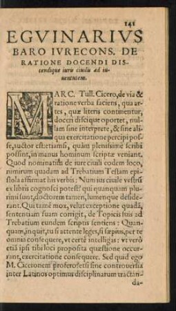 Eguinarius Baro Iurecons. De Ratione Docendi Discendique iuris civilis ad iuventutem.