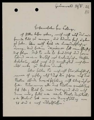 Nr. 10. Brief von Konrad Burdach an Ulrich von Wilamowitz-Moellendorff. Grunewald, 14.10.1922