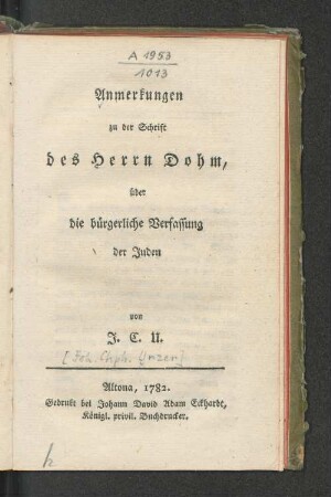 Anmerkungen zu der Schrift des Herrn Dohm, über die bürgerliche Verfassung der Juden