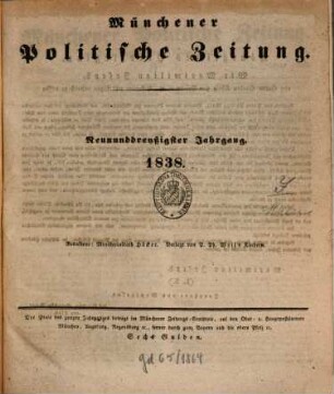 Münchener politische Zeitung : mit allerhöchstem Privilegium. 1838 = Jg. 39, 1 - 6