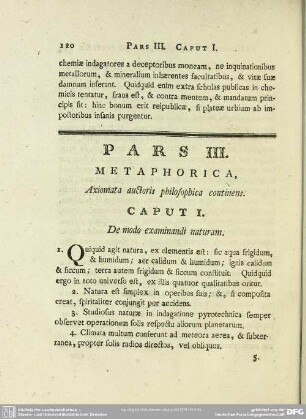Pars III. Metaphorica, Axiomata auctoris philosophica continens
