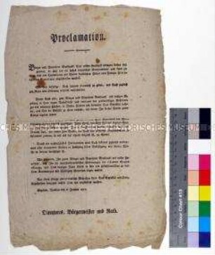 Aufruf des Breslauer Bürgermeister und Rats zu Ruhe und Ordnung anlässlich der Kapitulation vor den Rheinbundtruppen und Jérome Napoléon
