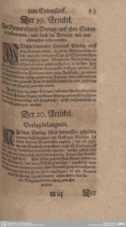 Der 20. Artickel. Vorlag belangende.