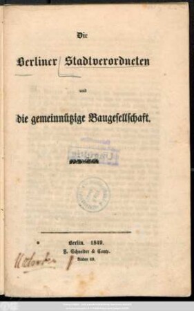 Die Berliner Stadtverordneten und die gemeinnützige Baugesellschaft
