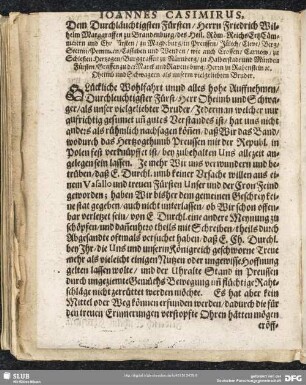 Joannes Casimirus. Dem Durchlauchtigsten Fürsten, Herrn Friedrich Wilhelm Marggraffen zu Brandenburg...