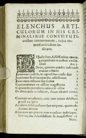 Elenchus Articulorum In His Criminalibus Constitutionibus contentorum [...]