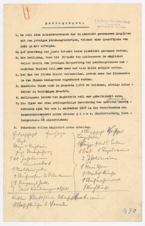 Evangelische Kirche am Lietzensee, Berlin-Charlottenburg: Bauprogramm mit handschriflichen Ergänzungen, Anschreiben des Pfarrers (Fritz Siems) an Seeling