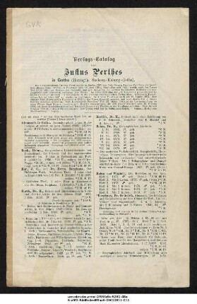 [1881]: Verlags-Catalog von Justus Perthes in Gotha (Herzogth. Sachsen-Koburg-Gotha)