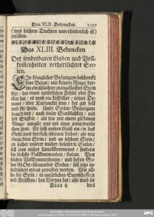 Das XLIII. Bedencken Der sonderbaren Gaben und Vollkom[m]enheiten verherrlichter Seelen.