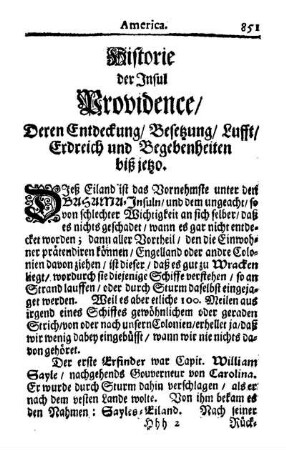Historie der Insul Providence. Deren Entdeckung-Besetzung-Lufft-Erdreich und Begebenheiten biß jetzo.