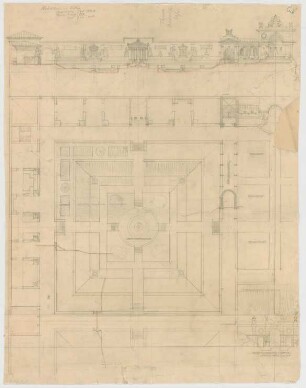 Thiersch, August ; München; Bestattungspark, Projekt - Grundriss, Ansicht; Hof (Ansicht m. Schnitt)
