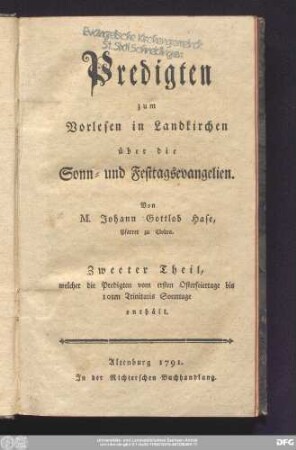Zweeter Theil: ... welcher die Predigten vom ersten Osterfeiertage bis 10ten Trinitatis Sonntage enthält.