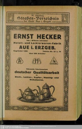 IV. Abteilung. Häuserbuch : IV. Abteilung. Straßen-Verzeichnis der Stadt Aue i. Erzgeb.