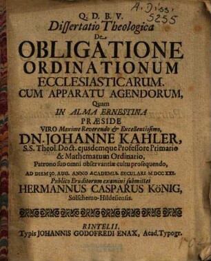 Dissertatio Theologica De Obligatione Ordinationum Ecclesiasticarum : Cum Apparatu Agendorum