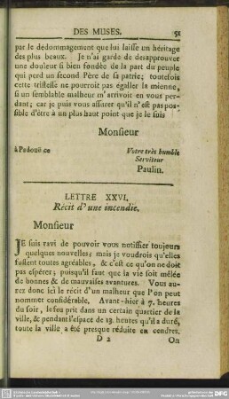 Lettre XXVI. Recit d'une incendie