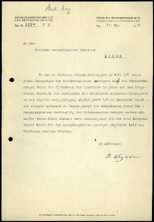 M. Wegner an DAI Athen