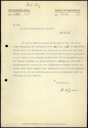 M. Wegner an DAI Athen