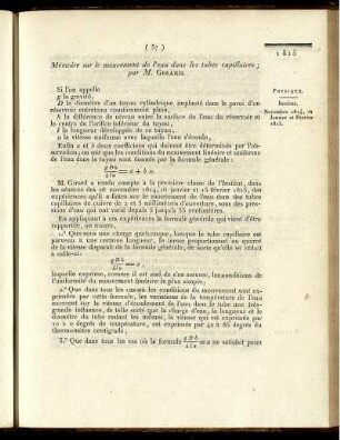 Mémoire sur le mouvement de l'eau dans les tubes capillaires