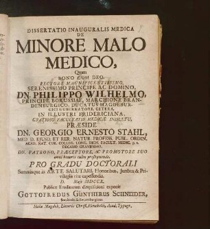 Dissertatio Inauguralis Medica De Minore Malo Medico