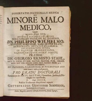 Dissertatio Inauguralis Medica De Minore Malo Medico