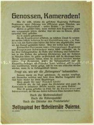 Flugblatt des Vollzugsrates der Arbeiterräte Bayerns zum versuchten Sturz der Räteregierung durch die Regierung Hoffmann
