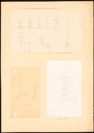 Kerzenleuchter und -wandhalter u.a., Köln, Domschatz, Halberstadt und aus Israel: Zahlreiche Ansichten von ornamentierten Kerzenhaltern, Ansicht eines Prunkleuchters aus Halberstadt mit Aposteldarstellungen, Teilansicht eines Leuchterfußes (drei Blätter)