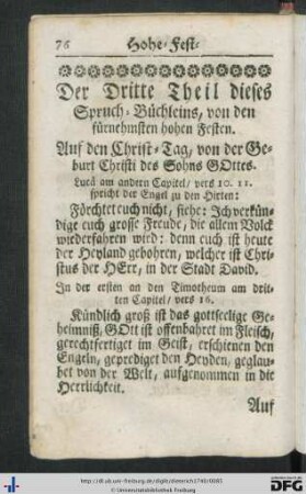 Der Dritte Theil dieses Spruch-Büchleins, von den fürnehmsten hohen Festen.