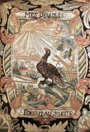 Zur Sonne schauender Adler: "Mes yeux se fixent au celeste"