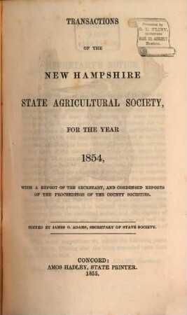 Transactions of the New Hampshire State Agricultural Society, 1854 (1855) = [Vol. 3]
