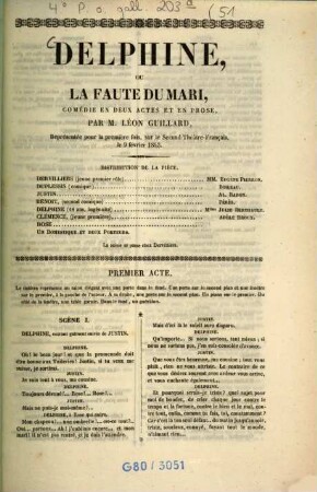 Delphine ou la faute du mari : comédie en 2 actes et en prose