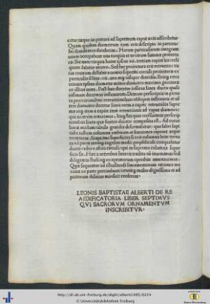 Leonis Baptiste Alberti De Re Aedificatoria Liber Septimus Qui Sacrorum Ornamentum Inscribitur.