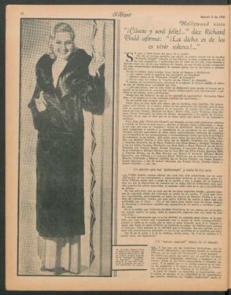 Hollywood visto con ojos argentinos : "¡Cásese y será felíz!..." dice Richard Arlen, mientras Thelma Todd afirma: "¡La dicha es de los solteros!..." "¡Qué dicha vivir soltera!..."