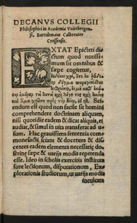 Decanus Collegii Philosophici in Academia Witebergensi, Bartolemaeus Calkreuter Crossensis.