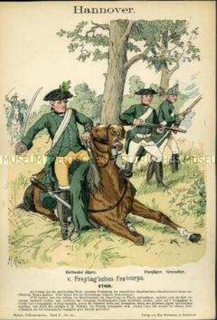 Uniformdarstellung, Jäger zu Pferde, Jäger zu Fuß und Grenadier des Freikorps "von Freytag", Kurfürstentum Braunschweig-Lüneburg, 1760.