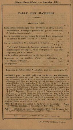Table des matières. Janvier 1880.
