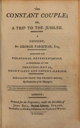 The constant couple, or a trip to the jubilee : a comedy