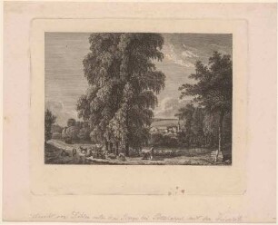 Schafherde an der Weißeritz zwischen Bäumen, im Hintergrund Döhlen (Freital), Zustand mit einem Namen, aus Beckers Plauenschem Grund 1799