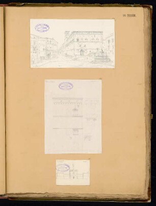 Skizzenbuch der italienischen Reise: Bl. 43: Perugia. 3 Skizzen: Palazzo Pubblico (perspektivische Ansicht, Details), Zitadelle (perspektivische Ansicht)