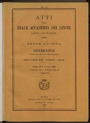 Seduta del 3 Gennaio 1892 Volume I. - Fascicolo 1.