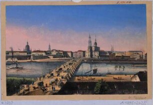 Stadtansicht von Dresden, Blick von der Dresdener Wache (Blockhaus) der Neustädter Seite über die Augustusbrücke auf die Altstadt