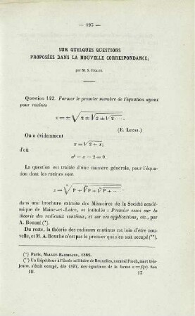 Sur quelques questions proposées dans la nouvelle correspondance.