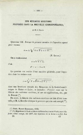 Sur quelques questions proposées dans la nouvelle correspondance.