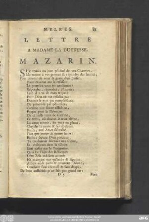 Lettre A Madame La Duchesse. Mazarin.