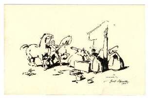 Postkarten mit humoristischen Zeichnungen aus dem Alpenkrieg, jeweils mit Zensurvermerk 06.12.1915: (Pferde am Brunnen)